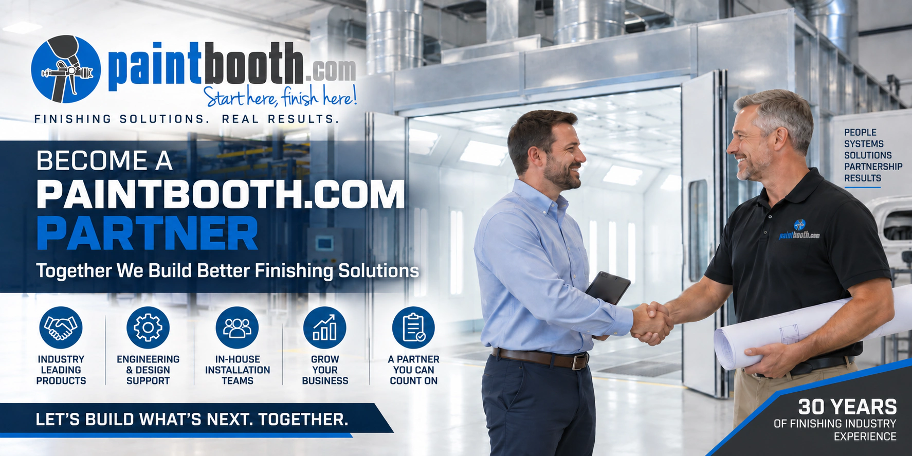 Paintbooth.com partner success artwork showing finishing equipment and a handshake