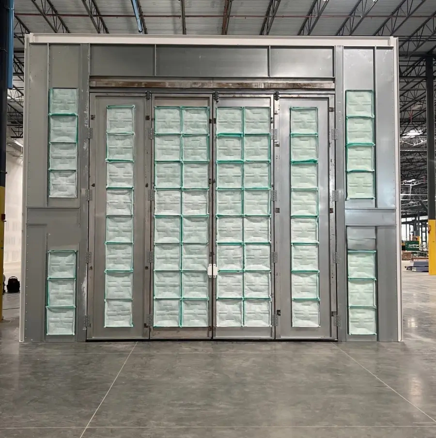 Crossdraft truck paint booth with front intake doors