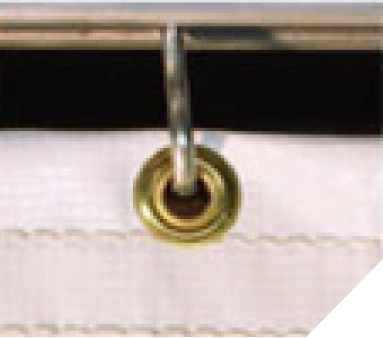 Close-up of metal grommet on white fabric with stitching detail