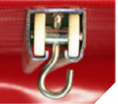 Close-up of a metal latch and hook on a red-painted surface