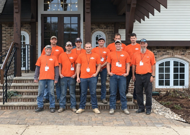 Paint Booth installers team in orange shirts on site.