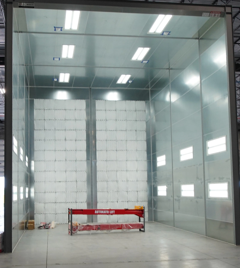Open face paint booth with filtered exhaust wall