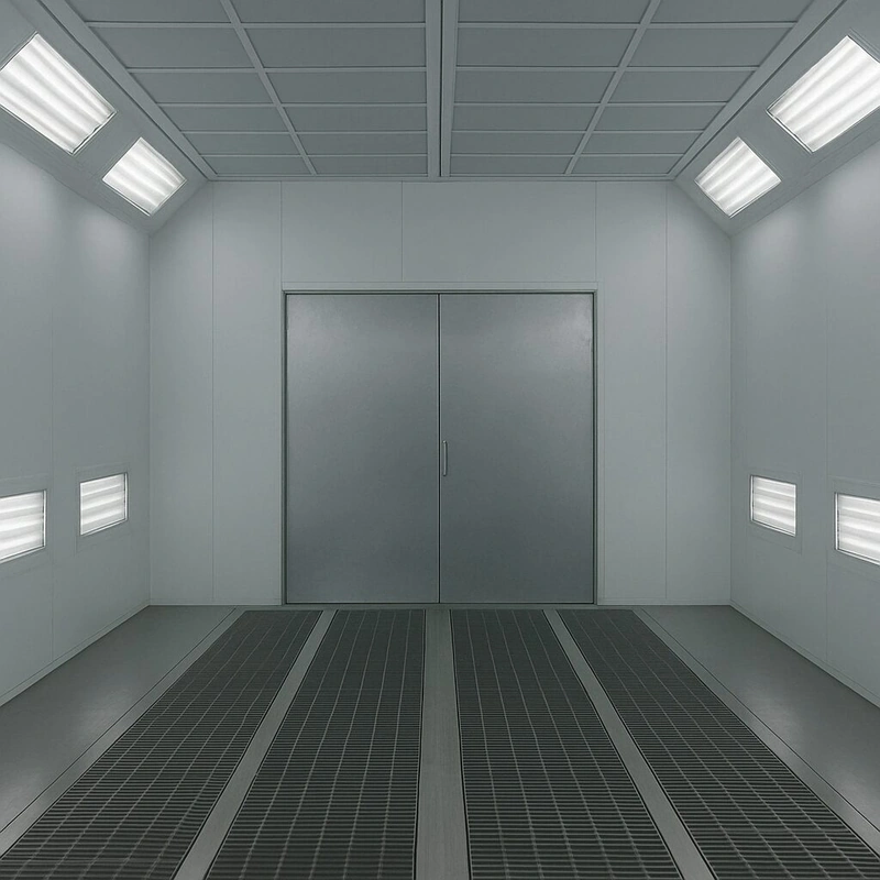 Modern automotive paint booth interior with bright lighting and ventilation grates