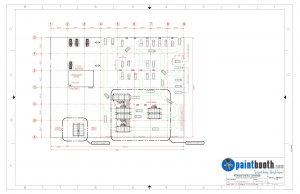 Detailed paint booth facility layout blueprint with vehicle bays and equipment areas