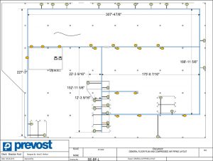 General floor plan and compressed air piping layout schematic by Prevost