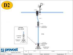 Prevost D2 hard air drop schematic with optional ball valve and wall mount details