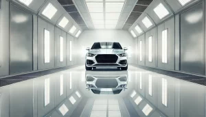 Modern automotive paint booth with a white car, bright lights, and reflective clean surfaces.