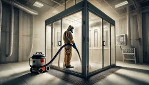 Paint booth worker in protective suit cleaning with industrial vacuum inside enclosed booth.