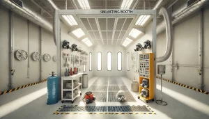 Modern industrial sandblasting booth with safety gear, ventilation, and control panel.