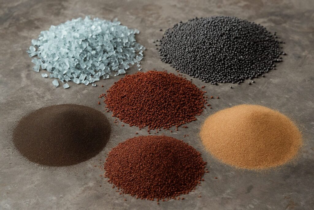 Different types of abrasive blasting media on a concrete surface