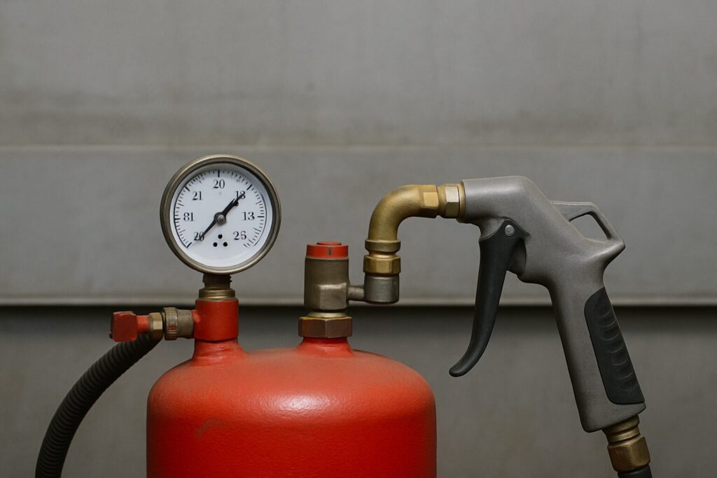 Compressed air tank with pressure gauge and spray gun for paint booth applications