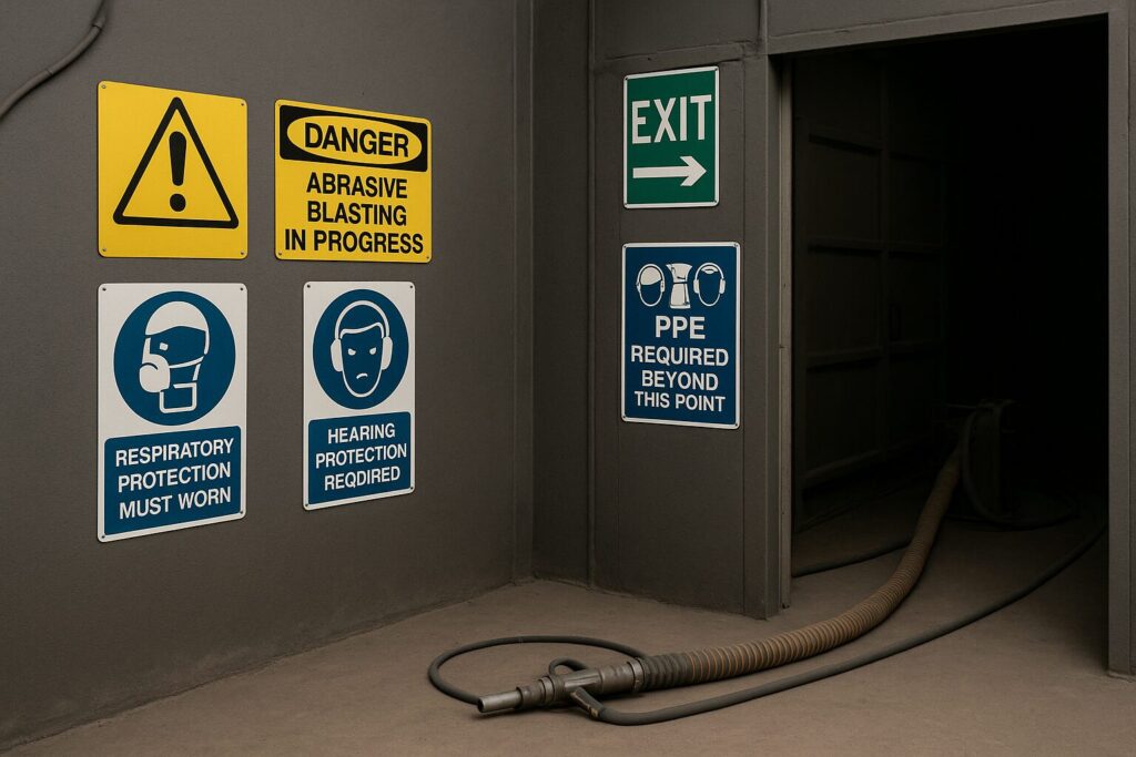 Industrial safety signs in an abrasive blasting area requiring PPE and hearing protection.