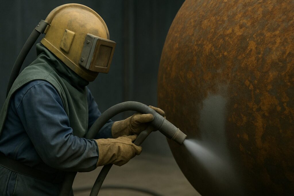 Worker sandblasting a large metal surface in a protective suit