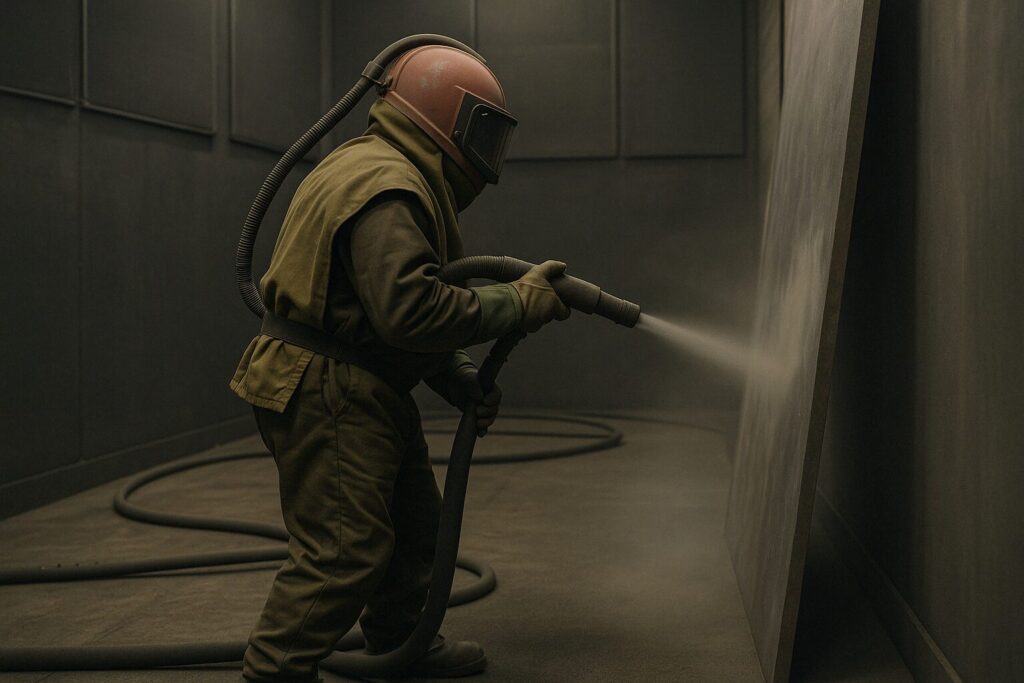 Operator using industrial sandblaster in a paint booth for surface preparation