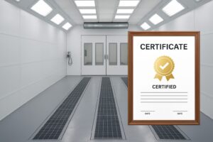 Certified paint booth with certificate displayed
