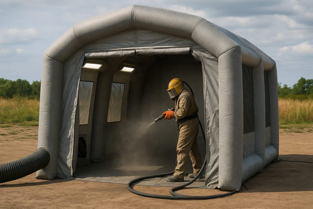 Man sandblasting inside portable inflatable paint booth outdoors