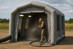 Man sandblasting inside portable inflatable paint booth outdoors