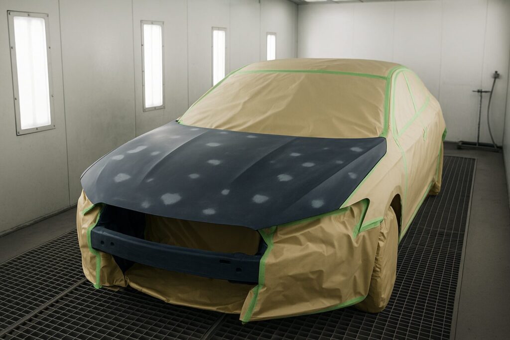 Car prepared with masking in a paint booth