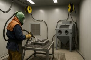 Worker using a sandblasting machine inside an industrial booth with protective gear