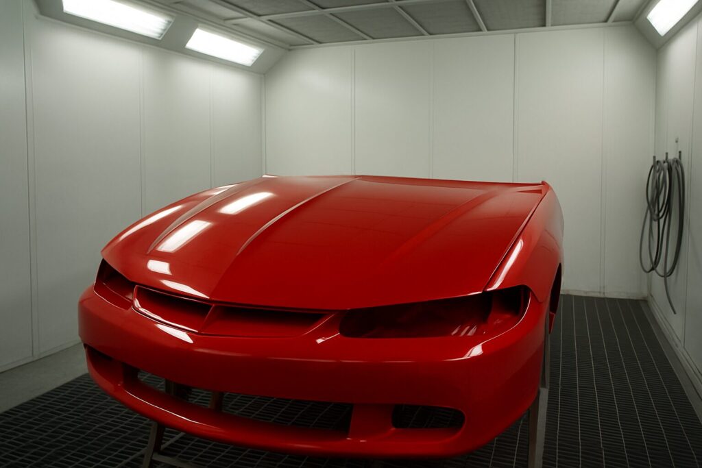 Red car hood in professional paint booth