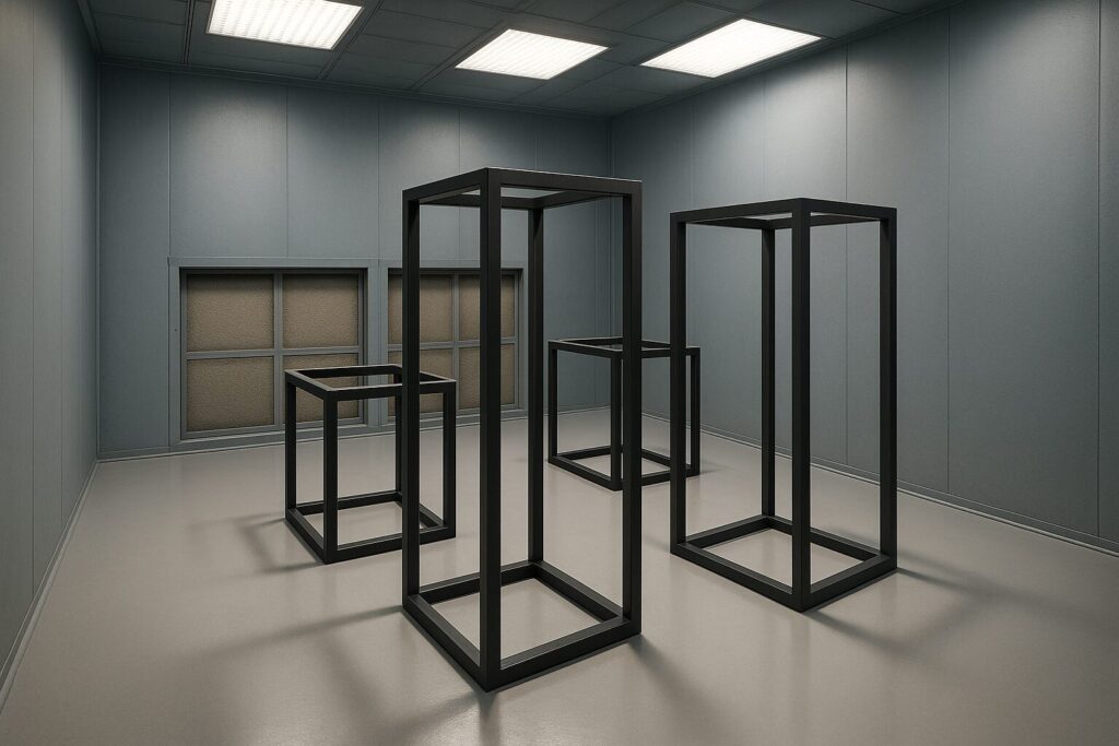 Spacious modern paint booth interior with metal frames.
