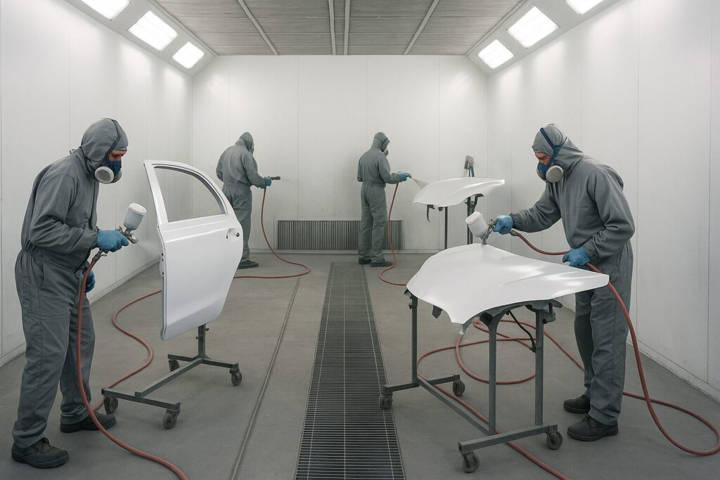 Technicians in protective gear spray painting car parts in a paint booth.