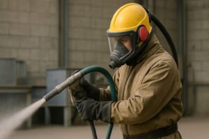 Worker wearing protective gear operating a spray paint gun in an industrial setting